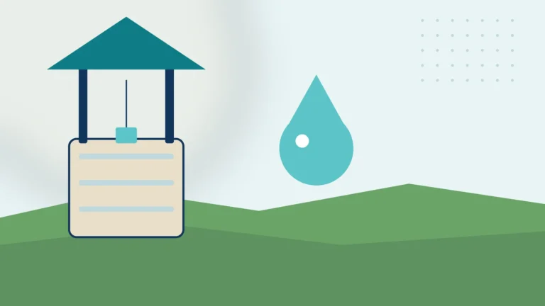 Illustration: a rural well under a small roof with a water drop