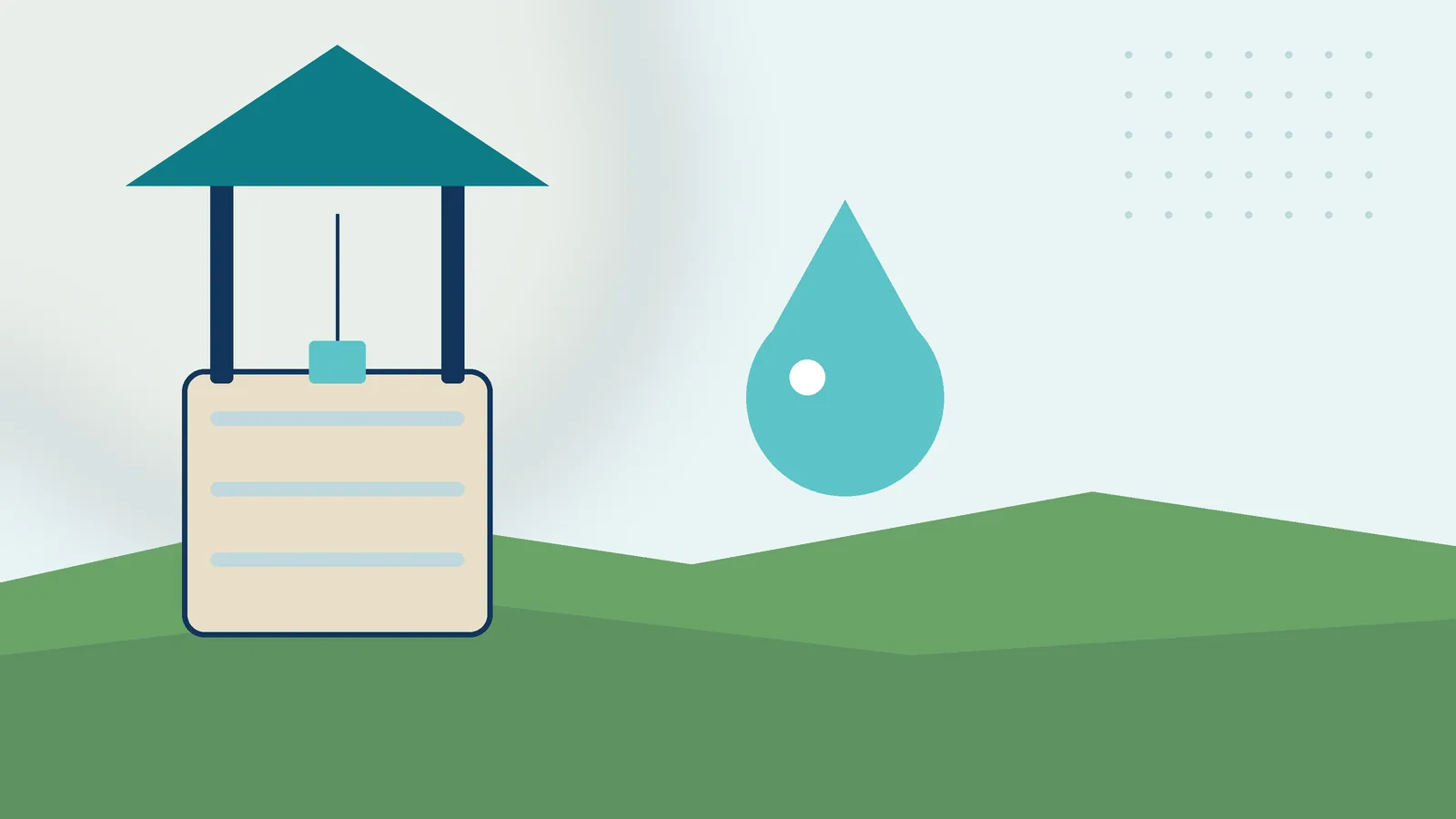 Illustration: a rural well under a small roof with a water drop