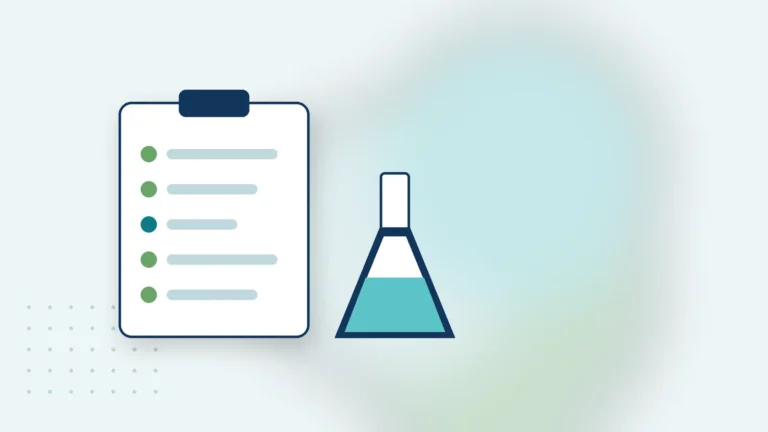 Illustration: a lab checklist on a clipboard and a flask