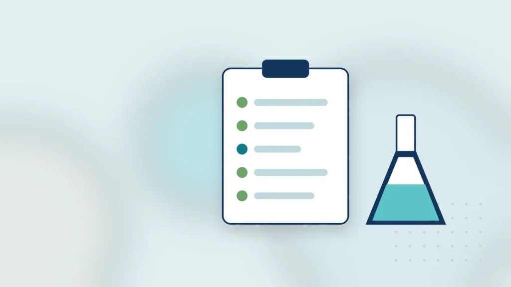 Illustration: a lab checklist on a clipboard and a flask