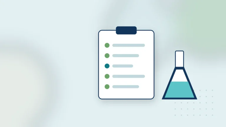 Illustration: a lab checklist on a clipboard and a flask
