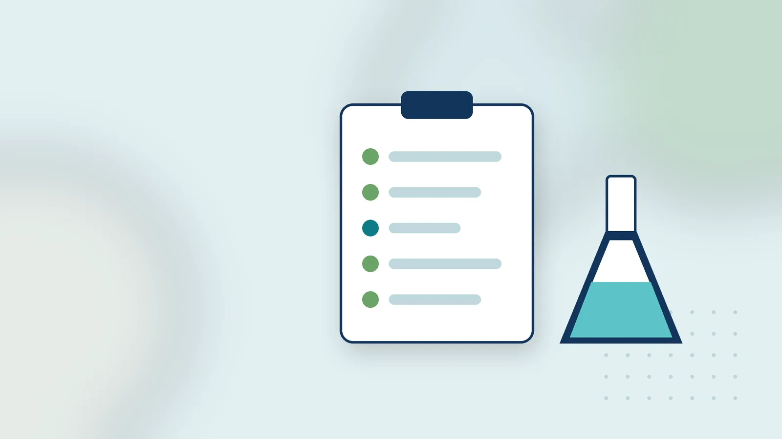Illustration: a lab checklist on a clipboard and a flask