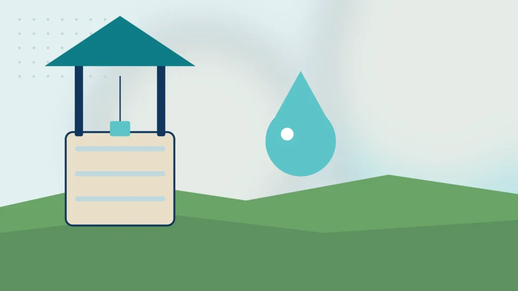 Illustration: a rural well under a small roof with a water drop